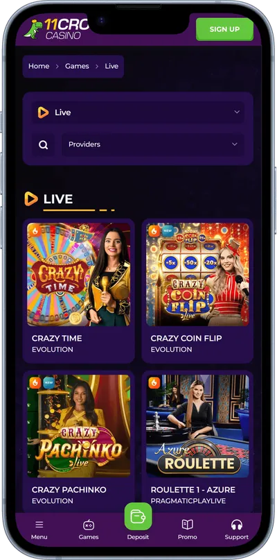 11croco casino live games phone screen