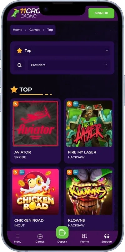 11croco casino top games phone screen