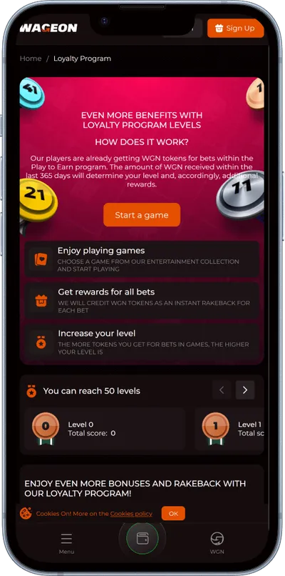 Wageon Casino phone screen vip