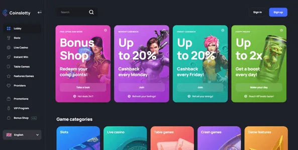 coinslotty casino website screen