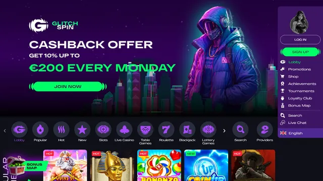 glitchspin casino website screen