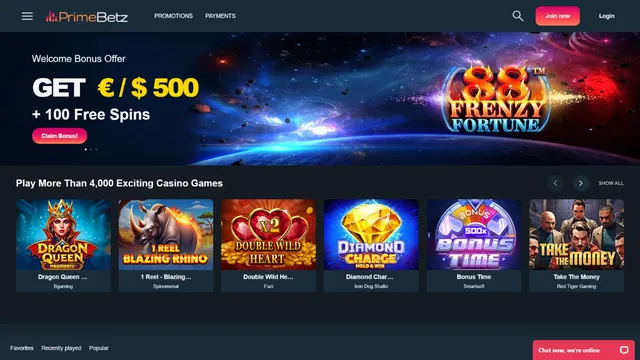 primebetz casino website screen