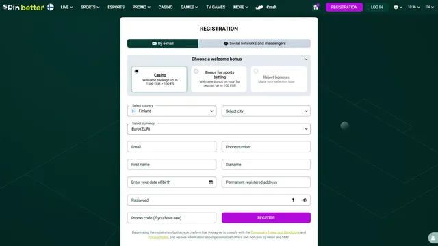 spinbetter casino registration