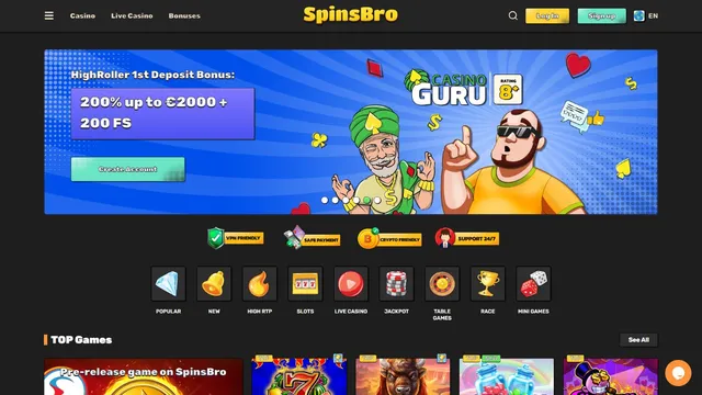spinsbro casino website screen