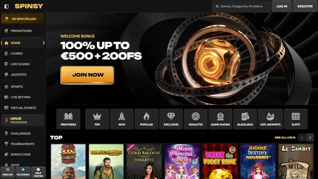 spinsy casino website screen