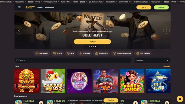 wantedwin casino website screen