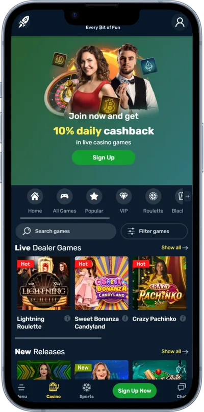 winz casino phone screen main