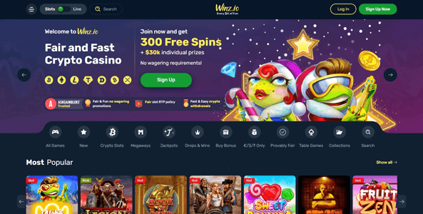 winz.io casino website screen