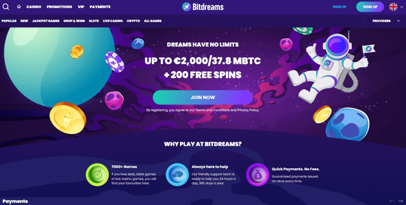 bitdreams casino website screen